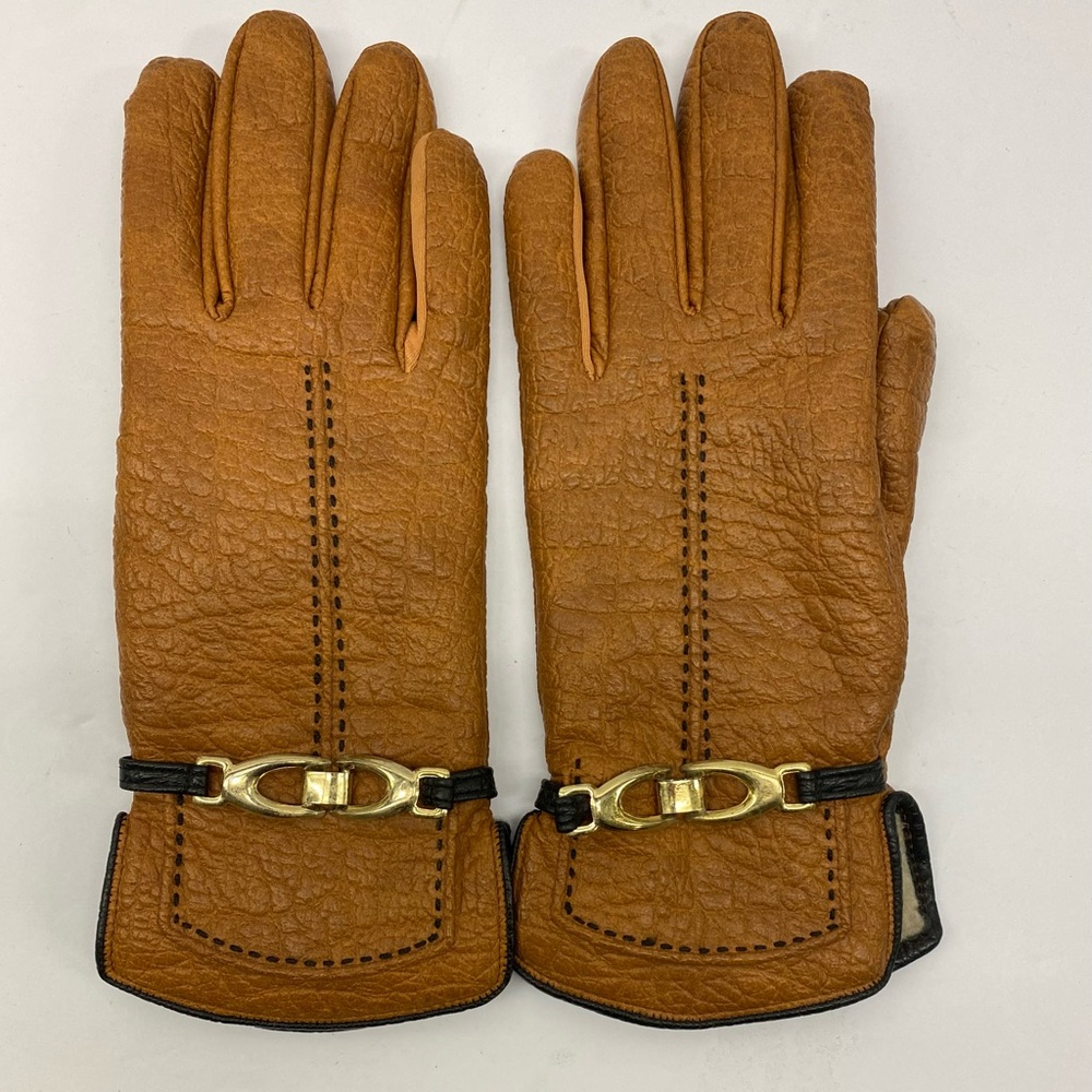 Vintage Aris Brown Gloves Vinyl with Cotton Backing Gold Accent Size Regular